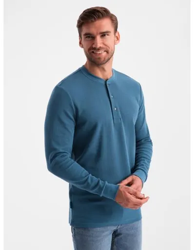 Pánský dlouhý rukáv z vaflového úpletu zapínaný u krku modrý denim