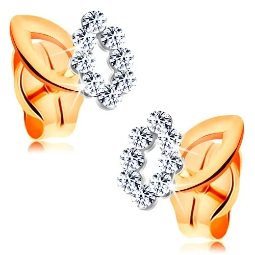 Blýskavé zlaté náušnice 585 - obrysy dvou malých lístků, dvoubarevné provedení