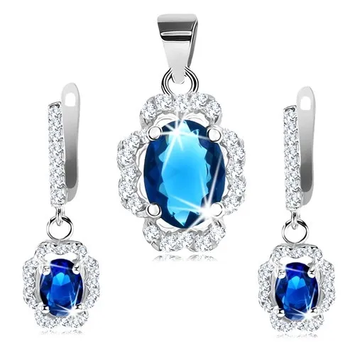 Sada z přívěsku a náušnic, stříbro 925, zvlněný čirý obrys, tmavomodrý ovál