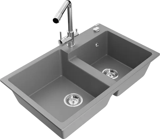 MEXEN/S Tomas granitový dřez 2-bowl včetně baterie Duero, šedá 6516-71-671600-00