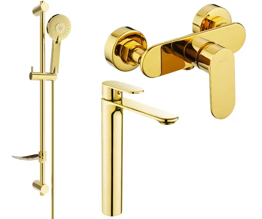 MEXEN/S Milo DF40 Set umyvadlové a sprchová baterie s příslušenstvím, zlato 71314DF40-50