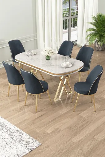 Dining Table & Chairs Set (7 Pieces) Lai - White, Gold, Anthracite
