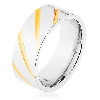 Obrúčka z ocele 316L, povrch striebornej farby, šikmé ryhy v zlatom odtieni - Veľkosť: 57 mm