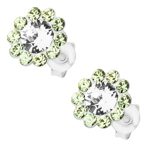 Náušnice ze stříbra 925, blýskavý kvítek, čirý a světle zelené krystaly Preciosa