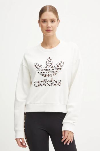 Bavlněná mikina adidas Originals Leopard Sweat dámská, bílá barva, s aplikací, IW8477