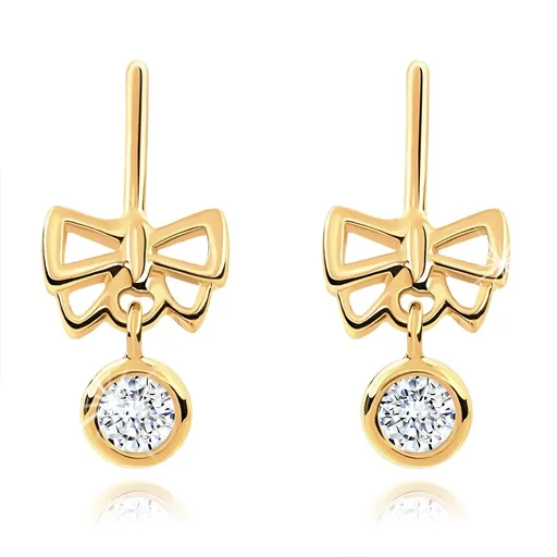 Zlaté náušnice 585 - tenký přerušený kruh, lesklá mašlička s visícím zirkonem