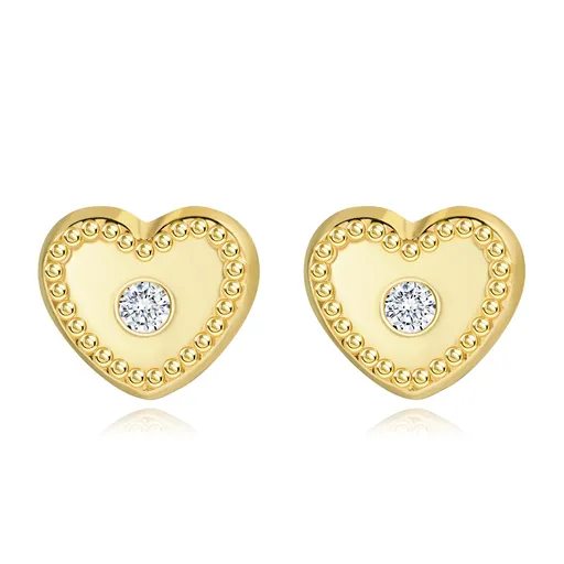 Zlaté náušnice 14K srdce s kubickými zirkony a vroubkovaným okrajem
