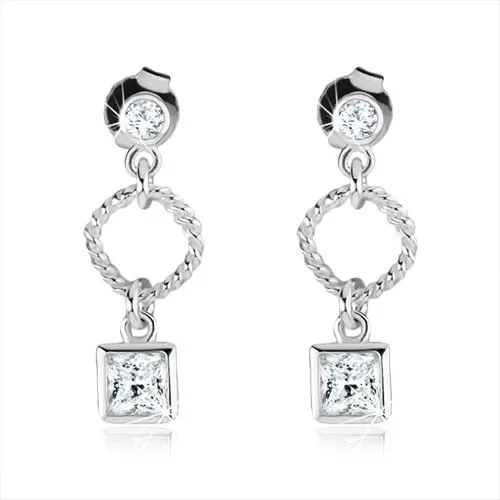 Stříbrné náušnice 925, obrys kosočtverce, čirý zirkonový čtverec