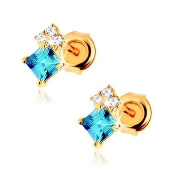 Zlaté náušnice 14K s topásom v tvare kosoštvorca a čírymi zirkónmi