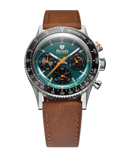 Nivada Grenchen Chronoking Mecaquartz Racing Green - Inter. Bezel - Brown Leather
