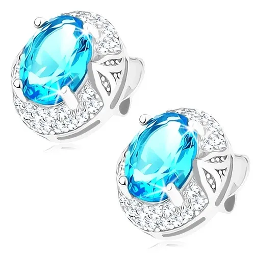 Rhodiované náušnice, stříbro 925, světle modrý oválný zirkon v ozdobném lemu