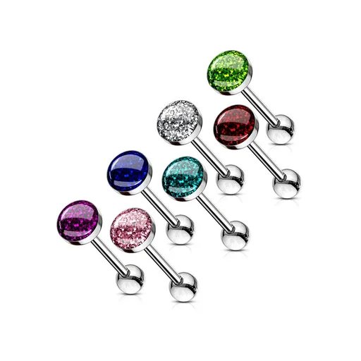 Piercing z chirurgické oceli - rovná činka s epoxidovou glazurou a glitry - Barva: Růžová