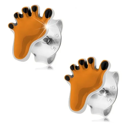 Stříbrné 925 náušnice, nožka zdobená oranžovou a černou glazurou