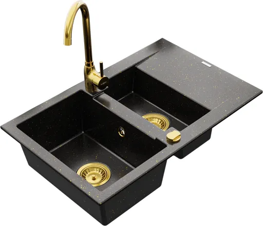 MEXEN/S Gaspar granitový dřez 1.5 s odkapávačem včetně baterie Telma, černá/zlatý 6507-75-670200-50