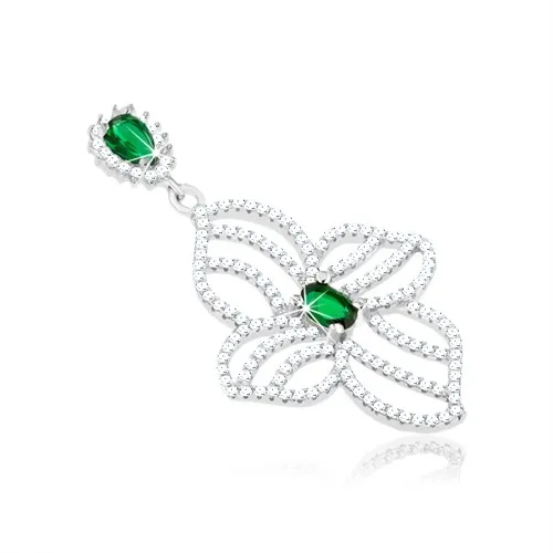 Stříbrný přívěsek 925, obrys nesouměrného květu, čiré a zelené zirkonky