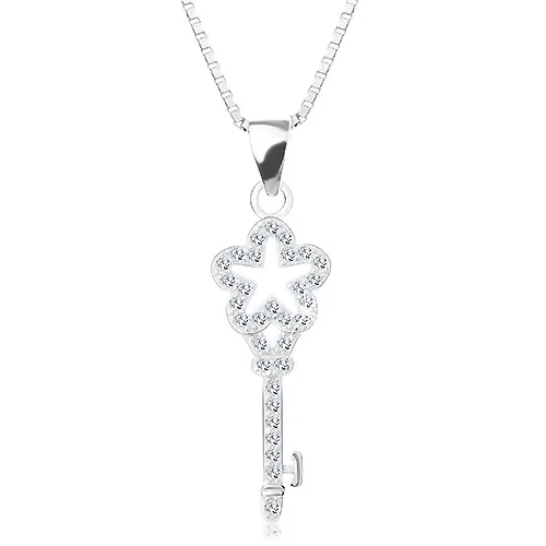 Stříbrný 925 náhrdelník, řetízek s přívěskem, zirkonový klíček s kvítkem