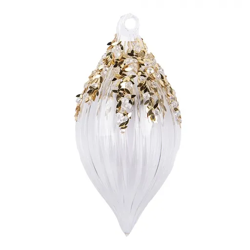 Transparentní skleněná ozdoba špičatá baňka se zlatým zdobením - Ø 7*14 cm Clayre & Eef