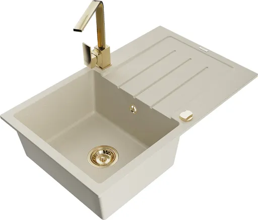 MEXEN/S Bruno granitový dřez 1-miska s odkapávačem včetně baterie Rita, béžový 6513-69-670300-50