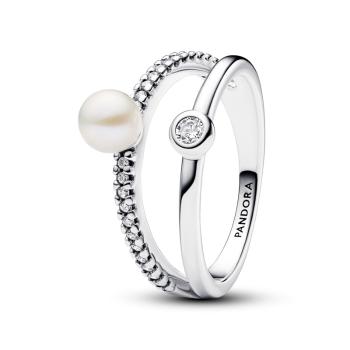 Pandora Dvojitý stříbrný prsten s perlou a zirkony Timeless 193147C01 60 mm