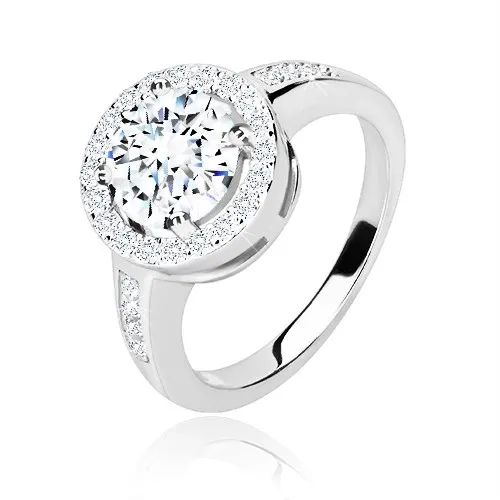 Zásnubní prsten ze stříbra 925 - kulatý zirkon s třpytivým lemem, lesklá ramena - Velikost: 50