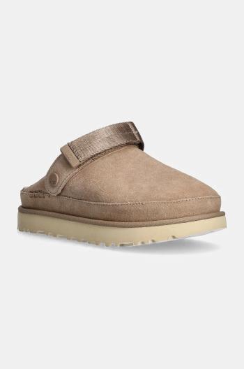 Dětské semišové pantofle UGG Goldenstar Clog dámské, béžová barva, na platformě, 1138252-SAN