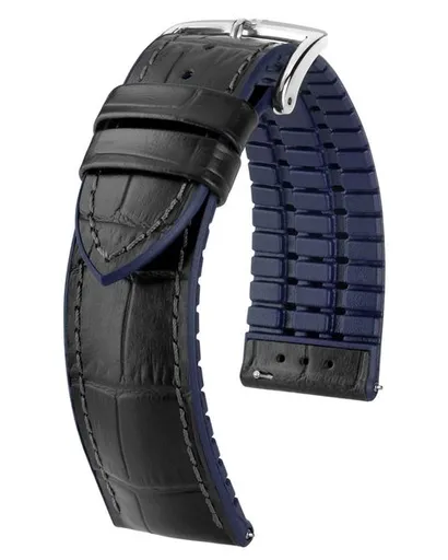 Řemínek Hirsch Andy - černo-modrý - 22 mm - L – Standardní délka (doporučujeme) - 20 mm - Stříbrná