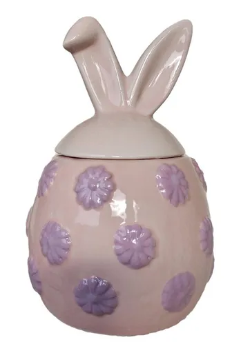 Růžová keramická dóza vajíčko s květy a oušky Rabbi - Ø 10*15 cm 203170_růžová