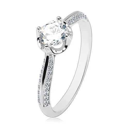 Zásnubní prsten ze stříbra 925, vypouklá zdobená ramena, čirý kulatý zirkon - Velikost: 56