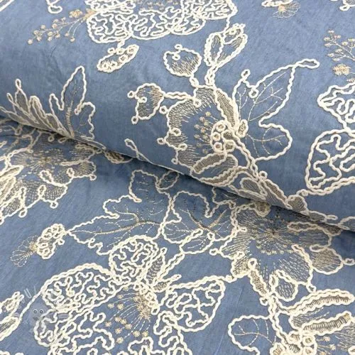 Bavlněná látka JEANS EMBROIDERY Bouquet light blue