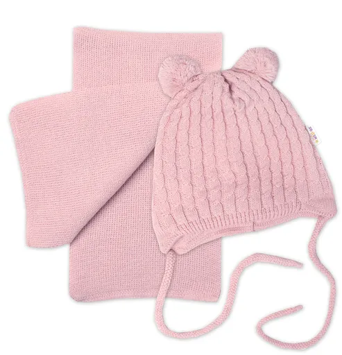 Baby Nellys Zimní čepice na zavazování s bambulky + šál, pudrově růžová