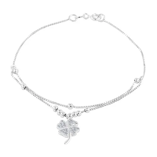 Stříbrný 925 náramek, čtyřlístek se zirkony, kuličky, dvojitý řetízek