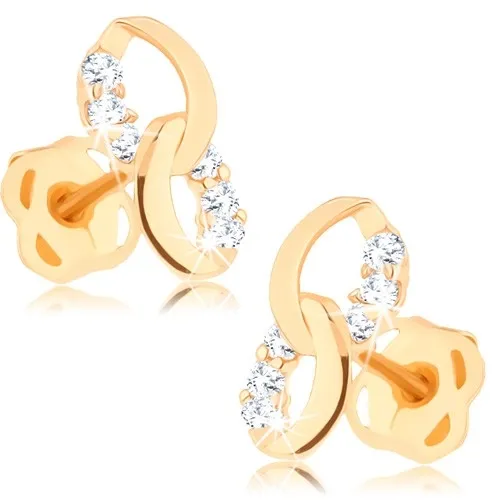 Náušnice ze žlutého 14K zlata - dvě propojené elipsy, čiré zirkonové linie