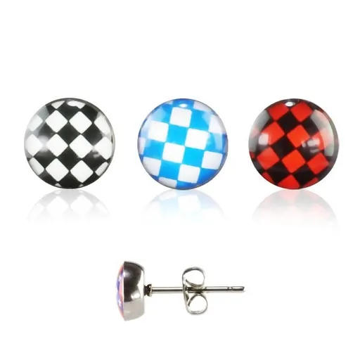 Ocelové náušnice - šachovnice, puzetky - Barva: Černá - Červená