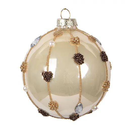 Béžová skleněná vánoční ozdoba koule s korálky - Ø 8*8 cm Clayre & Eef