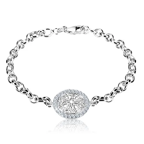 Stříbrný náramek 925 - vyřezávaný kruh s keltským křížem a zirkony