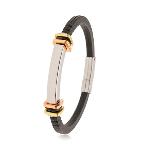 Náramek z černé pryže, hladká ocelová známka, čtverce zlaté a měděné barvy