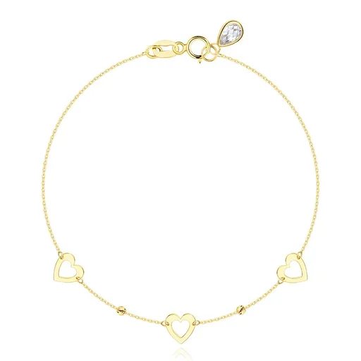 Náramek ze žlutého zlata 585 - ploché kontury srdce, kuličky se zářezy, kubické zirkony