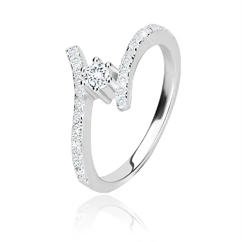 Stříbrný prsten 925 - blýskavá zahnutá ramena, čirý kulatý zirkon v kotlíku - Velikost: 51