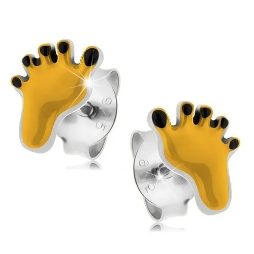 Stříbrné náušnice 925, žlutý otisk chodidla s černými prsty