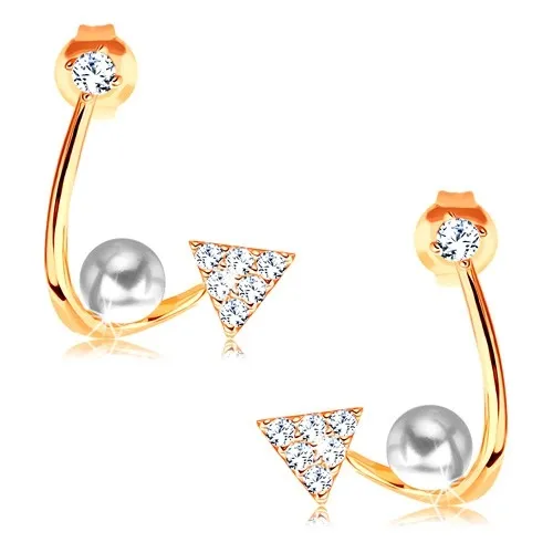 Zlaté náušnice 585 - lesklá zahnutá linie, blýskavý trojúhelník, perla a zirkon