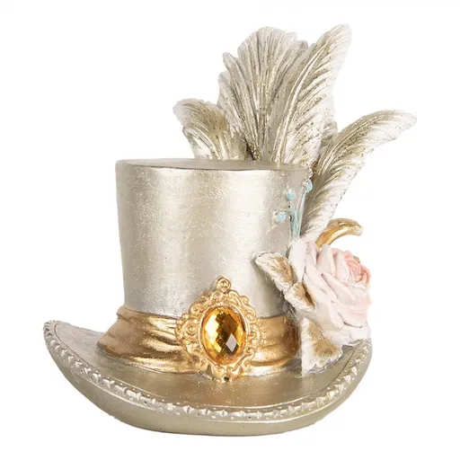Stříbrná dekorace klobouk s peřím a růží - 13*11*13 cm Clayre & Eef