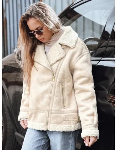 Dámská bunda typu ramoneska s kožešinou béžová