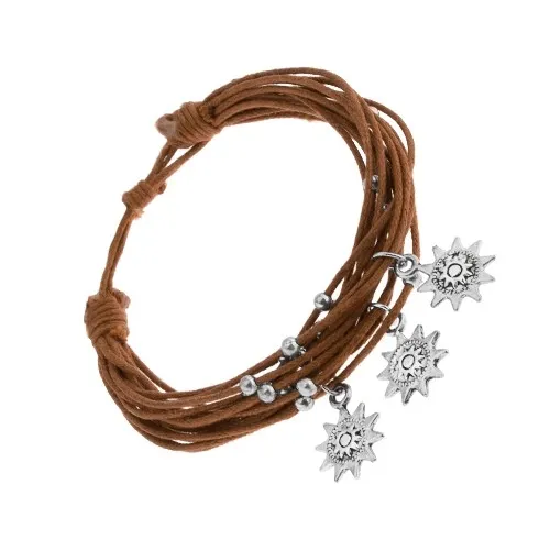 Šňůrkový náramek hnědé barvy, ocelové kuličky, přívěsky - sluníčka