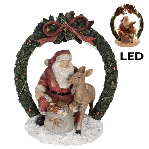 Vánoční dekorace Santa se srnečkou v zeleném věnci s Led - 19*12*23 cm 6PR4959