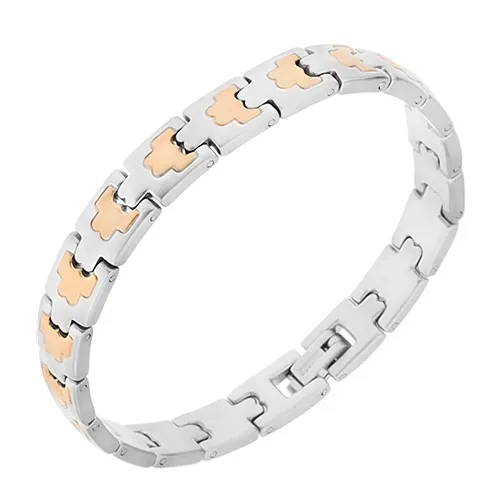 Ocelový náramek, články stříbrno-zlaté barvy, ornamenty, 8 mm