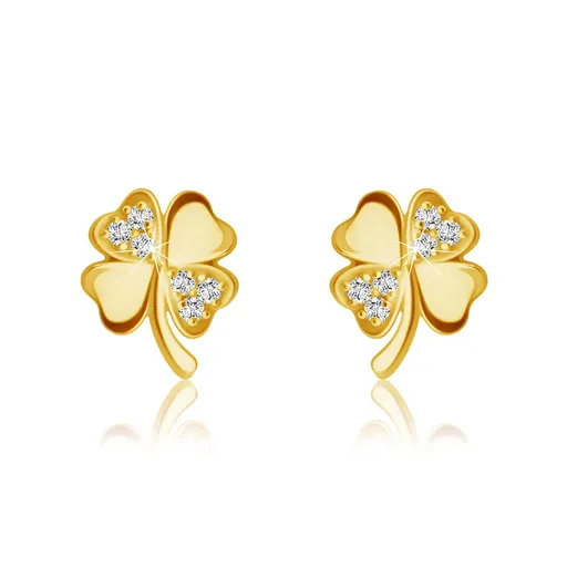 Náušnice ze 14K žlutého zlata - čtyřlístek s třpytivými zirkony