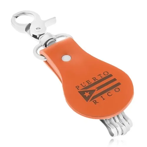 Patinovaná klíčenka, hnědý pás syntetické kůže, vlajka, PUERTO RICO