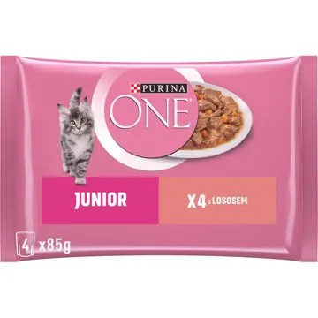 Purina ONE Junior minifiletky s lososem a mrkví ve šťávě 4 × 85 g (7613287367198)