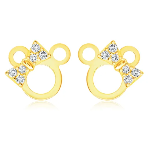 Zlaté náušnice 585 - kontura myšky se zirkonovou mašlí na hlavě