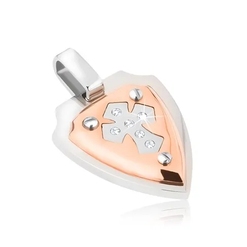 Ocelový přívěsek - měděná a stříbrná barva, erb s křížem, zirkony